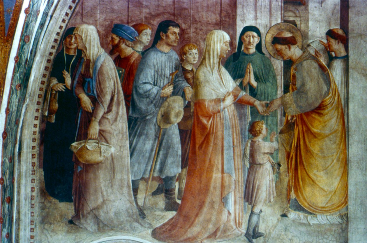 Pyhä Stefanus jakaa almuja, 1400-luvun puoliväli tekijältä Fra Angelico