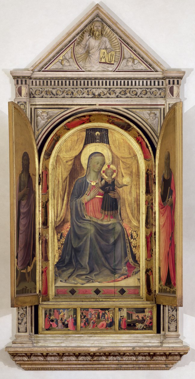 Linaiuoli-triptyykki (avoin ikkunaluukut): Neitsyt ja lapsi valtaistuimella Pyhän Johannes Kastajan ja Pyhän Markuksen kanssa, 1433 (tempera paneelissa) (katso lisätietoja 119416) tekijältä Fra Angelico