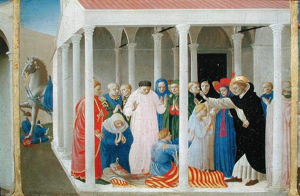 Pyhän Dominicin Napoleon Orsinin ylösnousemus, Neitsyen kruunaamisen predella-paneelista, n. 1430-1432 (tempera paneelissa) tekijältä Fra Angelico