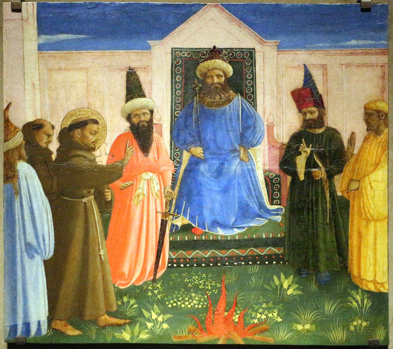 Tulikoe, Pyhä Fransiskus tarjoutuu kävelemään tulen läpi käännyttääkseen Egyptin sulttaanin (Legenda maior, IX, 8). tekijältä Fra Angelico