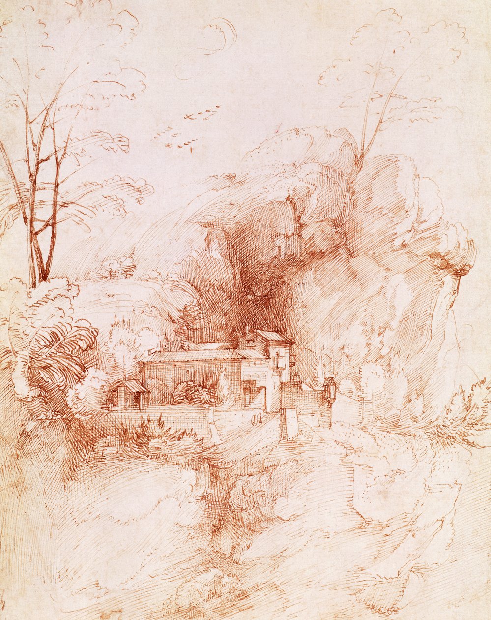 Kalliomaisema luostarin kanssa, Fra Bartolomeon (1472-1517) piirros. tekijältä Fra Bartolomeo