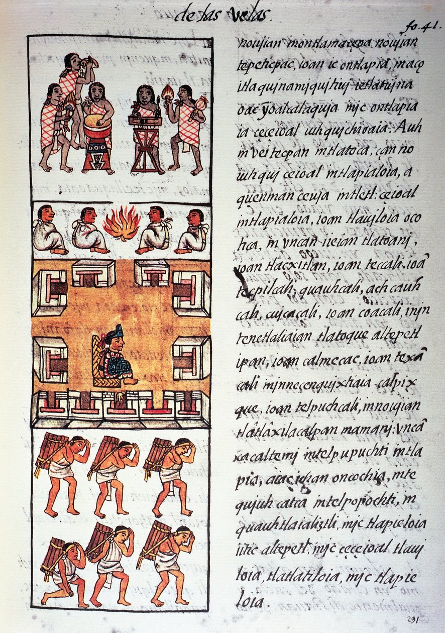 Atsteekkien yhteiskunta, muusikot, kuningas ja kauppiaat, teksti nahuatiksi, faksimilesta Bernardino de Sahagunin käsikirjoituksesta General History of Things of New Spain, joka tunnetaan myös nimellä Firenzen Codex tekijältä Fra Bernadino da Sahagun