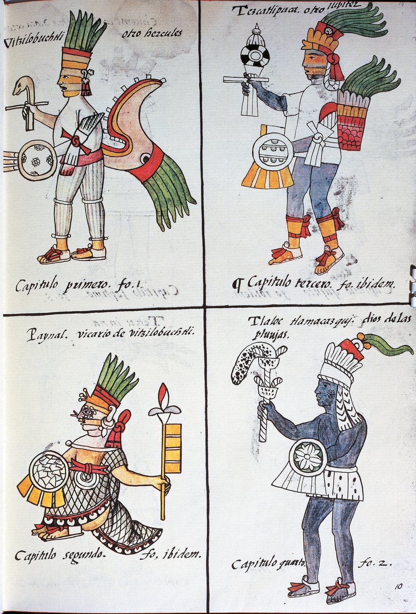 Muinaisten meksikolaisten jumalat, Huitzilopochtli, Tezcatlipoca, Tlaloc ja Paynal, teksti espanjaksi, faksimile Bernardino de Sahagunin käsikirjoituksesta General History of Things of New Spain, joka tunnetaan myös nimellä Florentine Codex. tekijältä Fra Bernadino da Sahagun