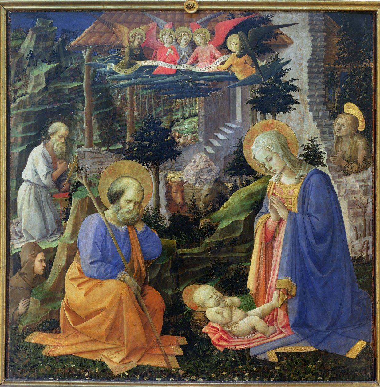 Lapsen palvonta SS:n kanssa. Hilary, Hieronymus, Maria Magdaleena ja enkelit (tempera paneelissa) tekijältä Fra Filippo Lippi