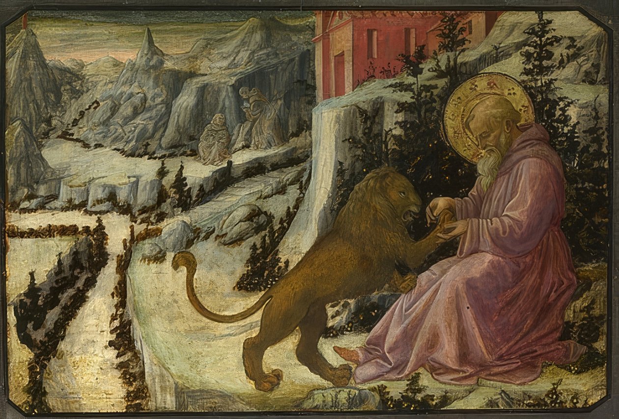 Pyhä Hieronymus ja leijona (Santa Trinità of Pistoia -alttaritaulun predella). 1455-60 tekijältä Fra Filippo Lippi