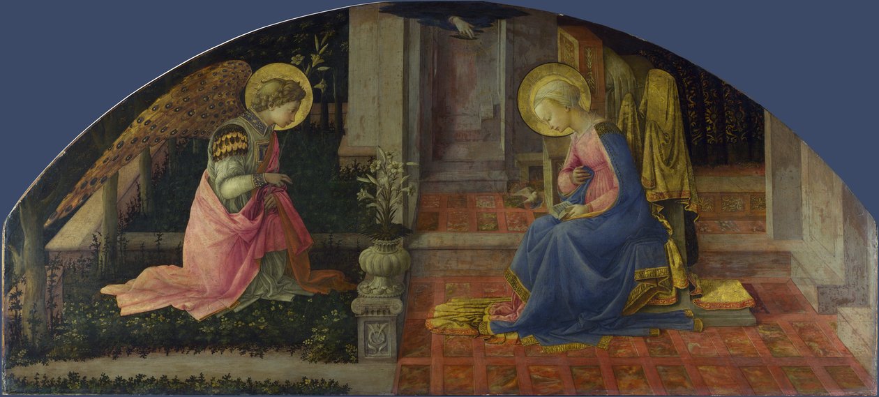 Ilmoitus. Fra Filippo Lipin (1406-1469) maalaus, noin 1448-1450. Tempera puulla. Koko: 68,6 x 152,7 cm. Lontoo, National Gallery. tekijältä Fra Filippo Lippi