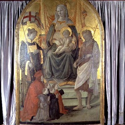 Madonna ja lapsi valtasivat SS: n. Stephen, Johannes Kastaja, Francesco Datini (n. 1335-1410) ja Ceppon perhe tekijältä Fra Filippo Lippi