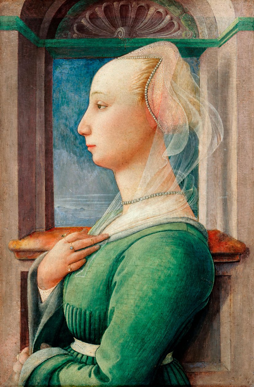 "Nuoren naisen profiilimuotokuva" Filippo Lipin (1406-1469) maalaus puulle, n. 1445 - Öljy puulle, 49,5x32,7 - Staatliche Museen, Berliini tekijältä Fra Filippo Lippi