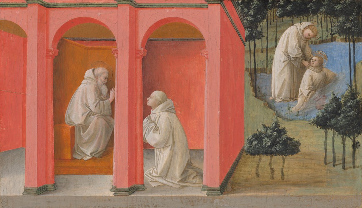 Pyhä Benedictus lähettää pyhän Mauruksen pyhän Placiduksen avuksi tekijältä Fra Filippo Lippi