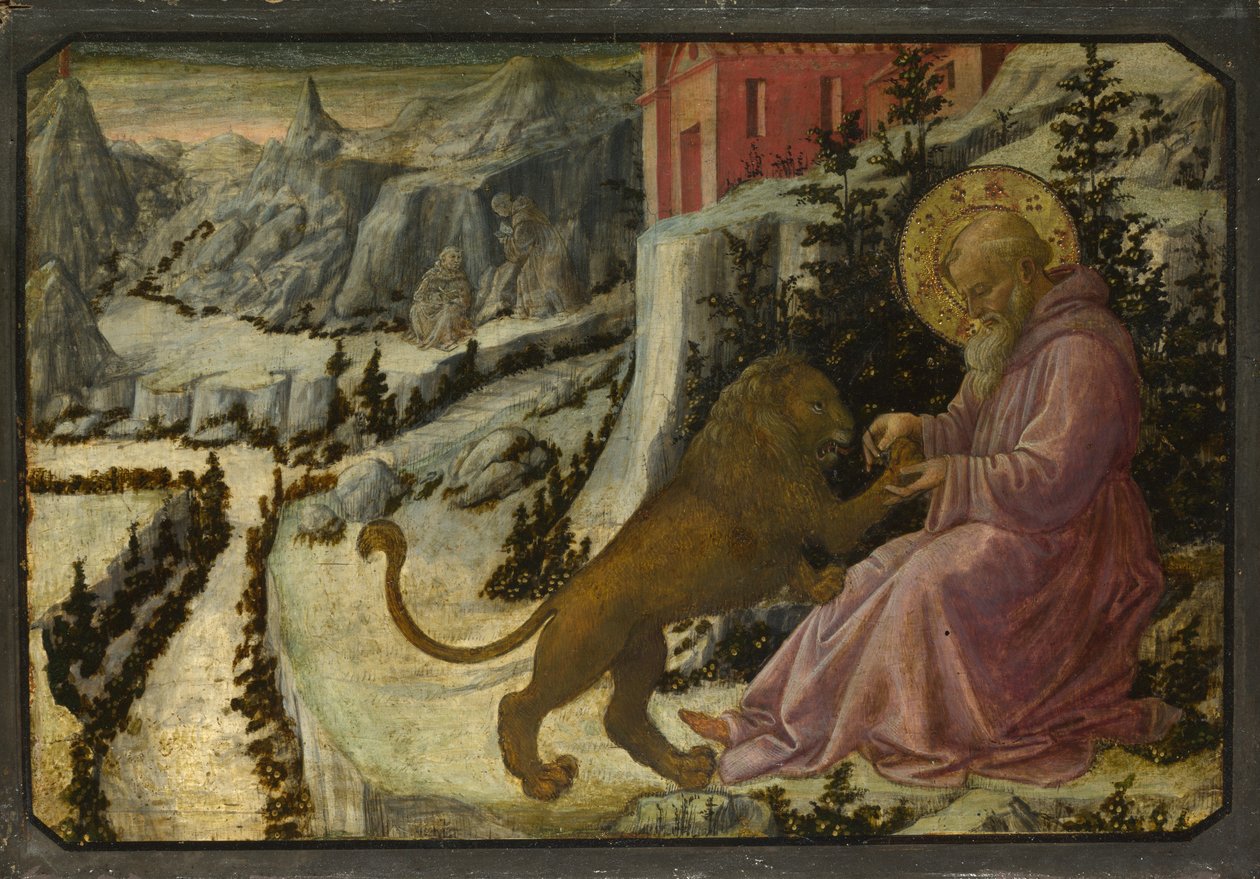 Pyhä Hieronymus ja leijona Predella Pistoia Santa Trinitàn alttaritaulun paneeli, 1455-1460 tekijältä Fra Filippo Lippi