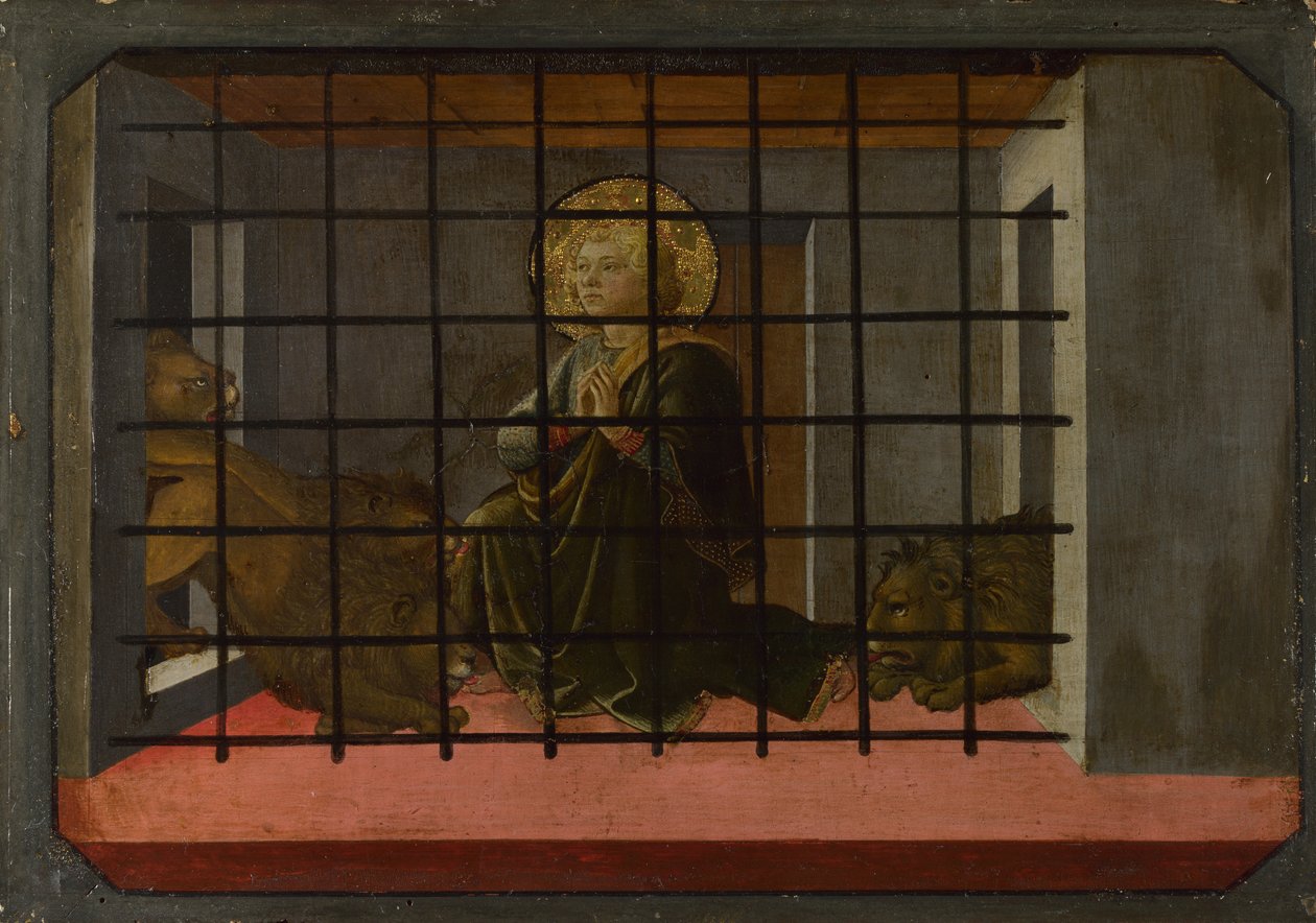 Pyhät äidit vankilassa heitettiin Pistoia Santa Trinitàn alttaritaulun Lions Predella -paneeliin, 1455-1460 tekijältä Fra Filippo Lippi