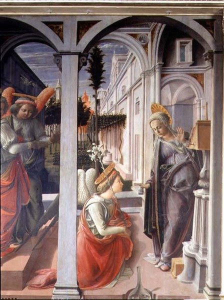Marian ilmestys, yksityiskohta Angel Gabrielista ja Neitsytestä tekijältä Fra Filippo Lippi