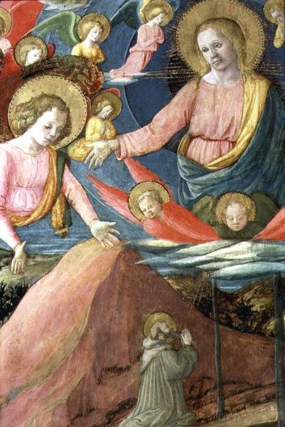 Pyhän Hieromuksen kuolema Inghiramin lahjoittajana, yksityiskohta Taivaasta ja enkeleistä, 1459-60 tekijältä Fra Filippo Lippi