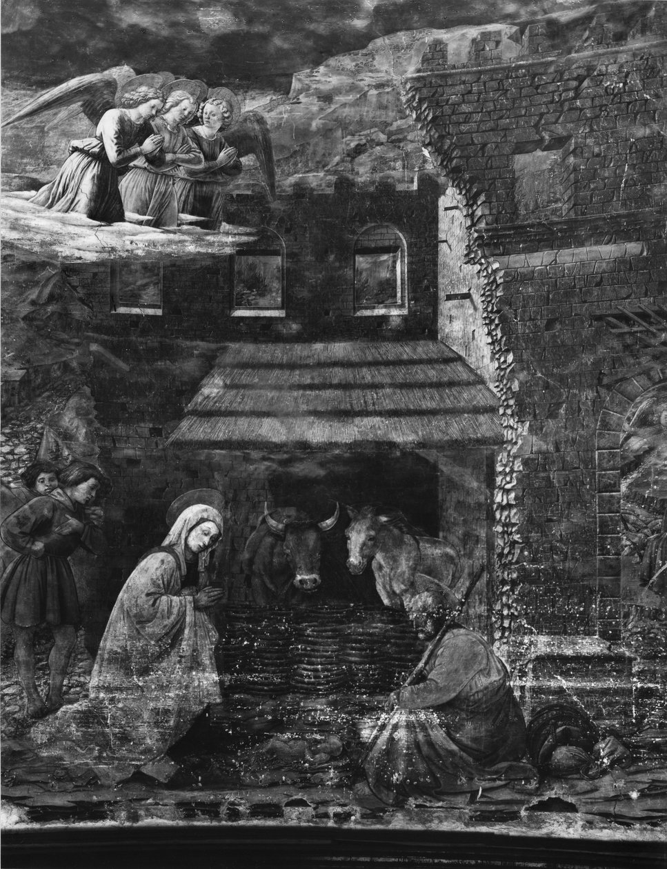 Syntymä, yksi kohtauksista freskojaksosta Neitsyen elämä katedraalin apsisissa tekijältä Fra Filippo Lippi