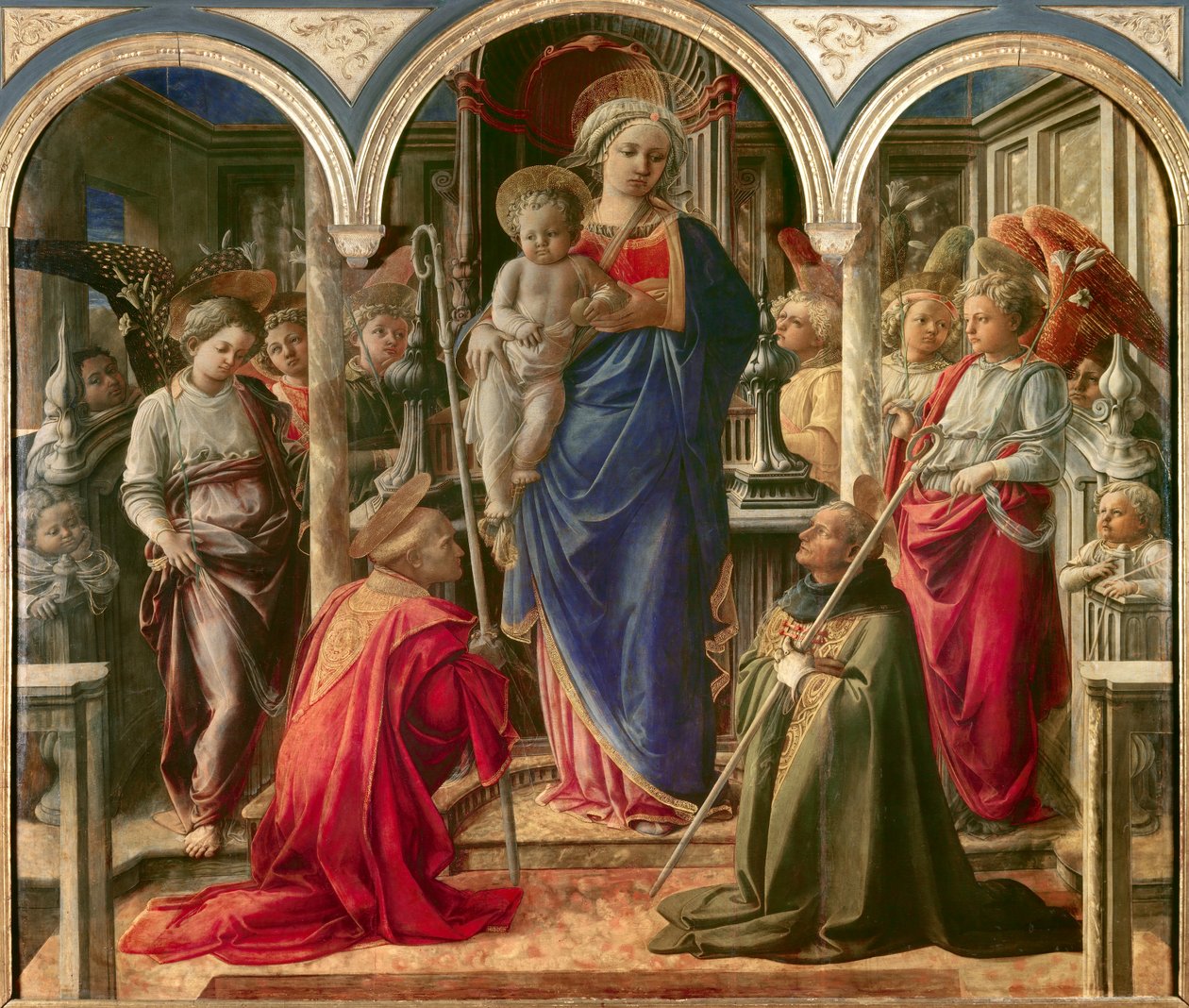 Neitsyt ja lapsi enkelien ympäröimänä, St. Frediano (Fridianus Lucca tai Frigidanus, Frigidianus, Frygian) ja Pyhä Augustinus, joka tunnetaan nimellä Pala Barbadori, Filippo Lipin (1406-1469) alttaritaulu 1437-1 Barbadori-perheen sponsoroima baari tekijältä Fra Filippo Lippi