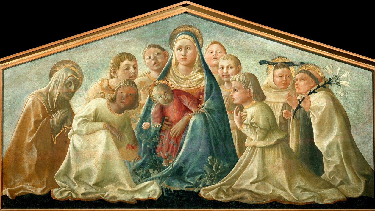 Humiliitin neitsyt pyhimysten ja enkelien ympäröimänä Filippo Lipin maalaus (n. 1406-1469) 1432 n. Aurinko. 89x167,5 cm Milano, Musei del Castello tekijältä Fra Filippo Lippi