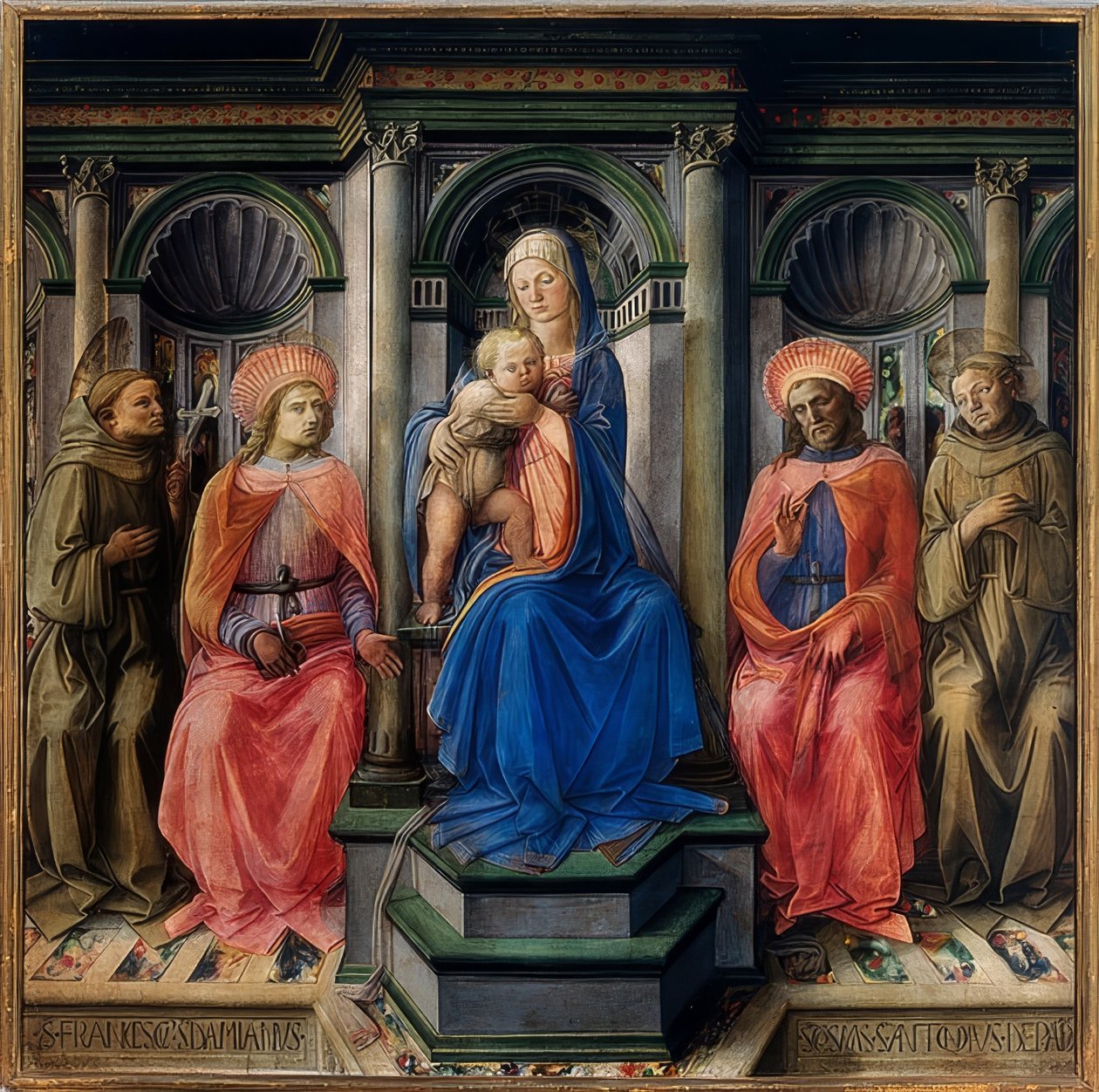 Maria istui valtaistuimella lapsen ja pyhien Franciscus Assisilaisen, Damianuksen, Kosmasin ja Antonius Padovalaisen kanssa. 1442 tekijältä Fra Filippo Lippi