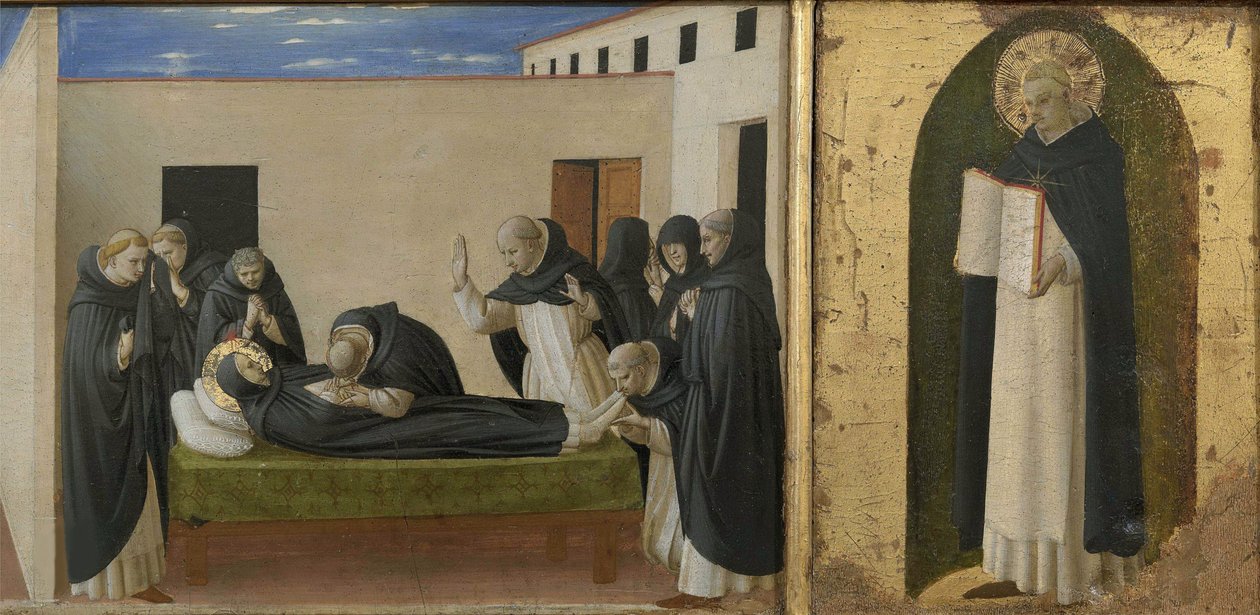 Pyhän Dominicin ja Pyhän Tuomas Akvinolaisen kuolema. Cortona polyptyykki yksityiskohta predellassa, c1437. tekijältä Fra Giovanni Angelico da Fiesole