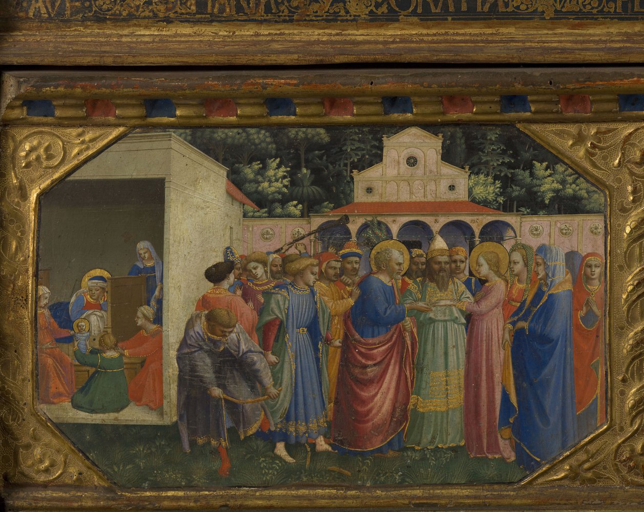 Maria ja Joosef Ilmestyskirja, jossa on 5 Predella-kohtausta, 1430-1432 tekijältä Fra Giovanni Angelico da Fiesole