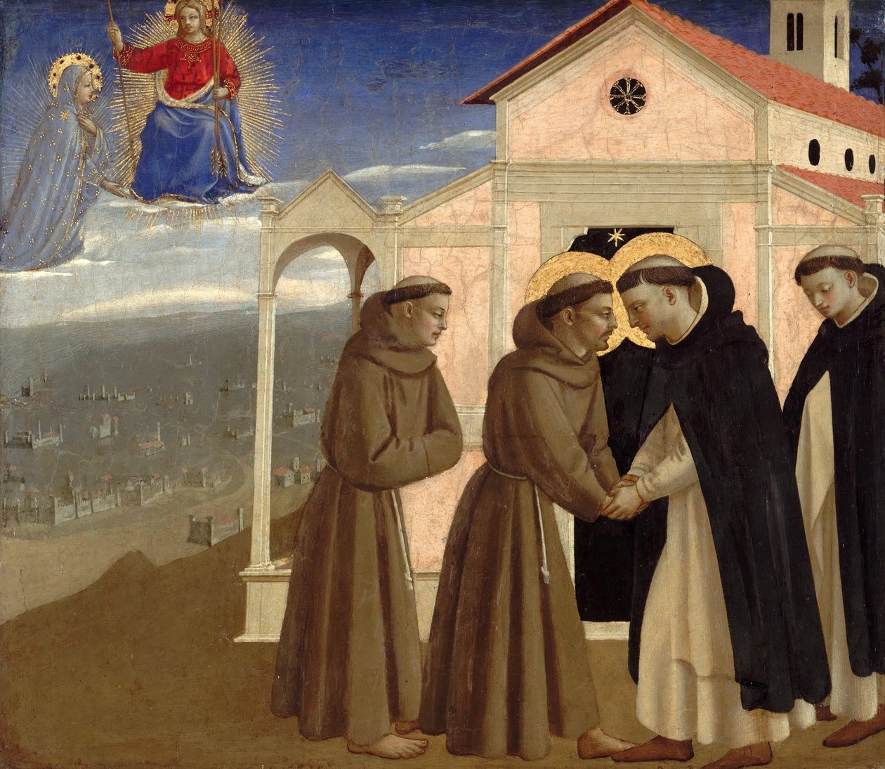 Pyhän Franciscuksen ja pyhän Dominicuksen tapaaminen Kohtauksia pyhän Franciscus Assisilaisen elämästä, n. 142 tekijältä Fra Giovanni Angelico da Fiesole