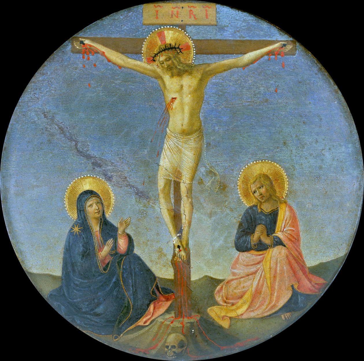 Ristiinnaulitseminen Marian ja Pyhän Johannes evankelista Tondon kanssa, n. 1440. tekijältä Fra Giovanni Angelico da Fiesole