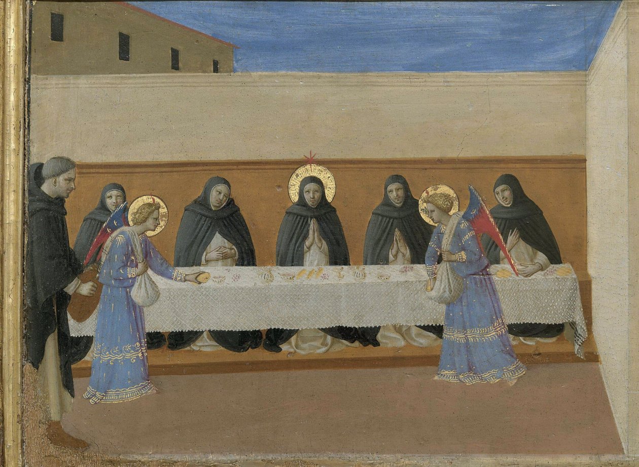 Enkelit tarjoilevat illallisen veljille. Cortona Polyptych -yksityiskohta predellasta, n. 1437. tekijältä Fra Giovanni Angelico da Fiesole