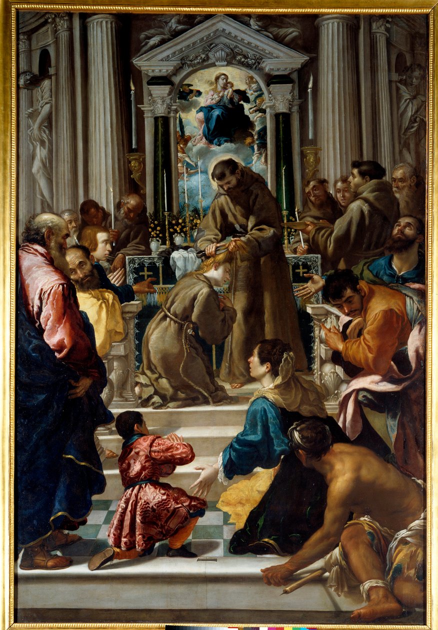 Saint Francois Assisilainen (1181-1223) leikkaa Saint Clairen (1193-1253) hiukset. Semplice De Veronan (1589-1654) maalaus Ec. Ital. tekijältä Fra Semplice da Verona