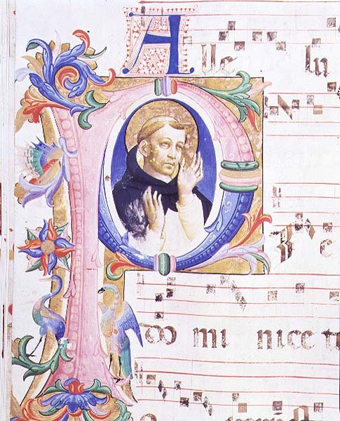 Missal 558 f.24v Historioitu alkukirjain "P", joka kuvaa miespyhimystä tekijältä Fra and Strozzi Zanobi di Benedetto Angelico