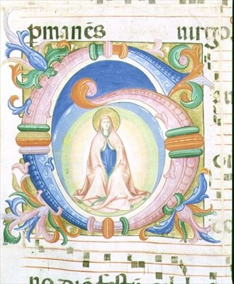 Missali 558 f.92 Historiallinen alkukirjain "G", jossa Neitsyt rukoilee. tekijältä Fra and Strozzi Zanobi di Benedetto Angelico
