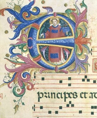 Missal 558 f.156v Historioitu alkukirjain "E", joka kuvaa Pyhää Stepheniä tekijältä Fra and Strozzi Zanobi di Benedetto Angelico