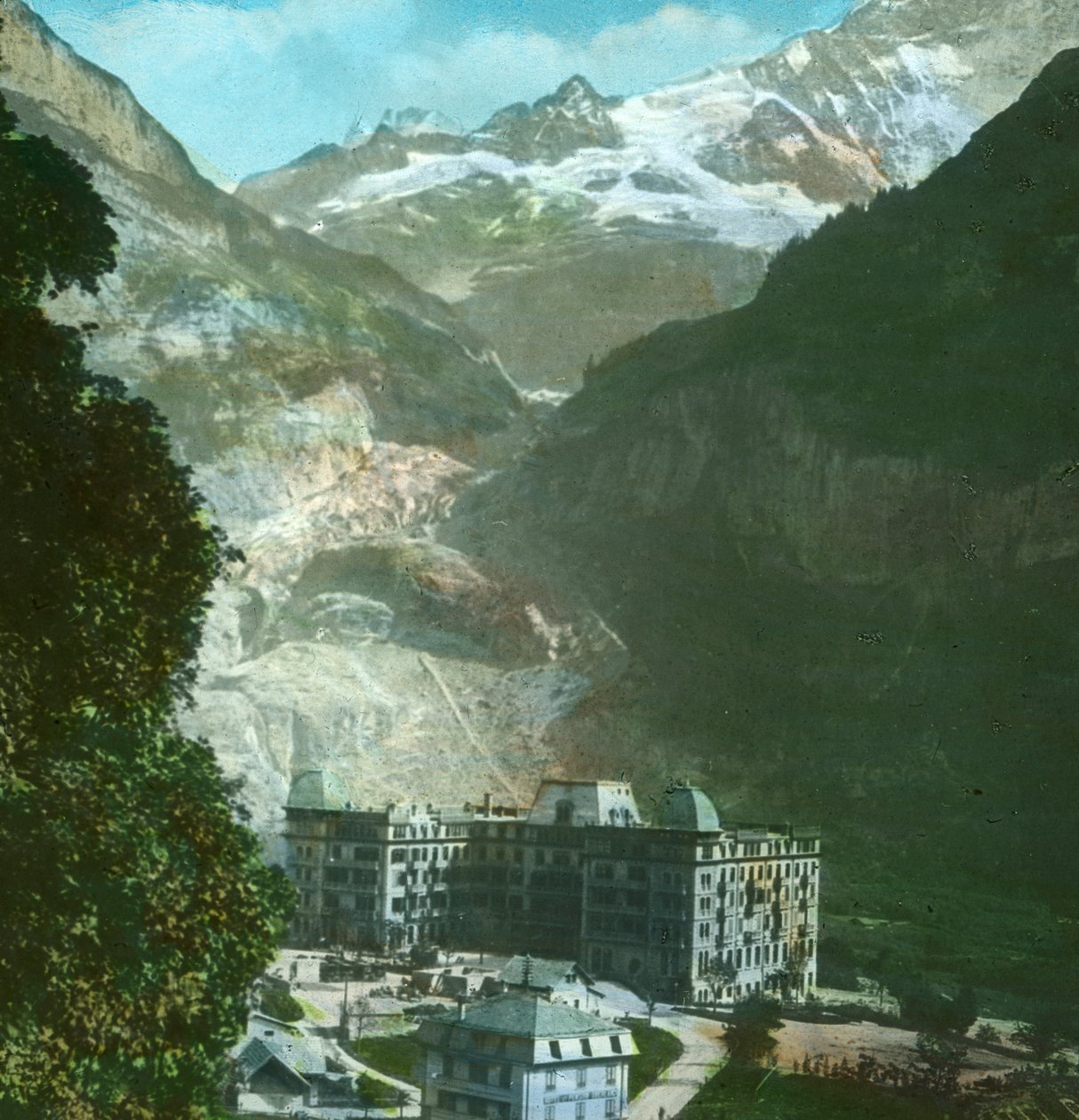 Bear Hotel, jäätikkö ja Fiescherhorn, Grindelwald, Sveitsi, 1800-luvun loppu - 1900-luvun alku. tekijältä Fradelle and Young