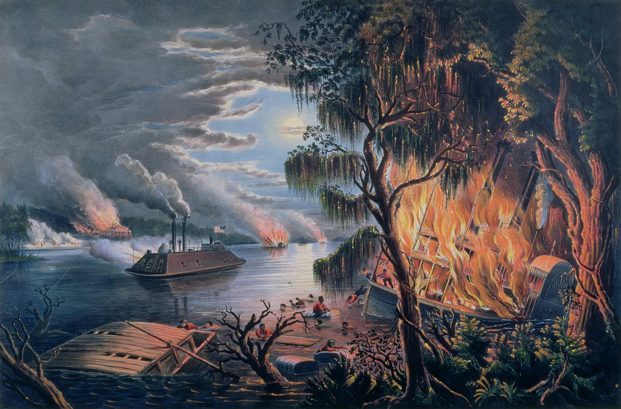 The Mississippi in Time of War, julkaisija Currier and Ives, New York, 1865 (katso myös 87959). tekijältä Frances Flora Bond Palmer