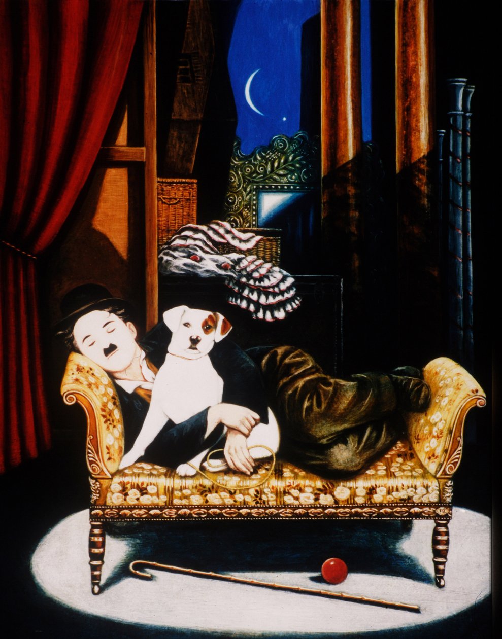 Charlie Chaplin ja Scraps, 1992 (öljyt ja tempera paneelissa) tekijältä Frances Broomfield