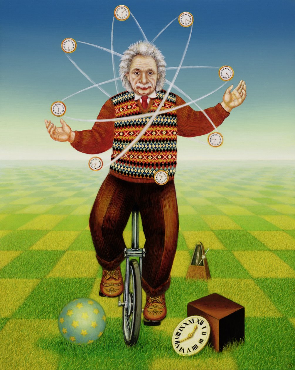 Einstein jongleeraa ajan kanssa, 2000 (öljy ja tempera paneelissa) tekijältä Frances Broomfield