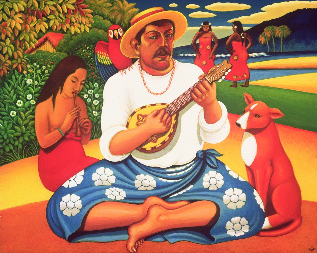 Gauguins Fantasy Island, 2005 (öljy ja tempera paneelissa) tekijältä Frances Broomfield