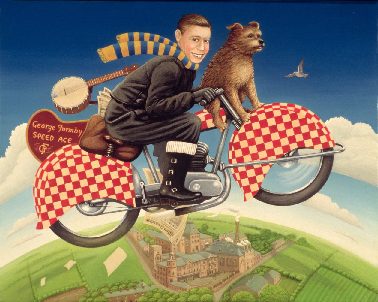 George Formby - Speed Ace, 1989 (öljy ja tempera paneelissa) tekijältä Frances Broomfield