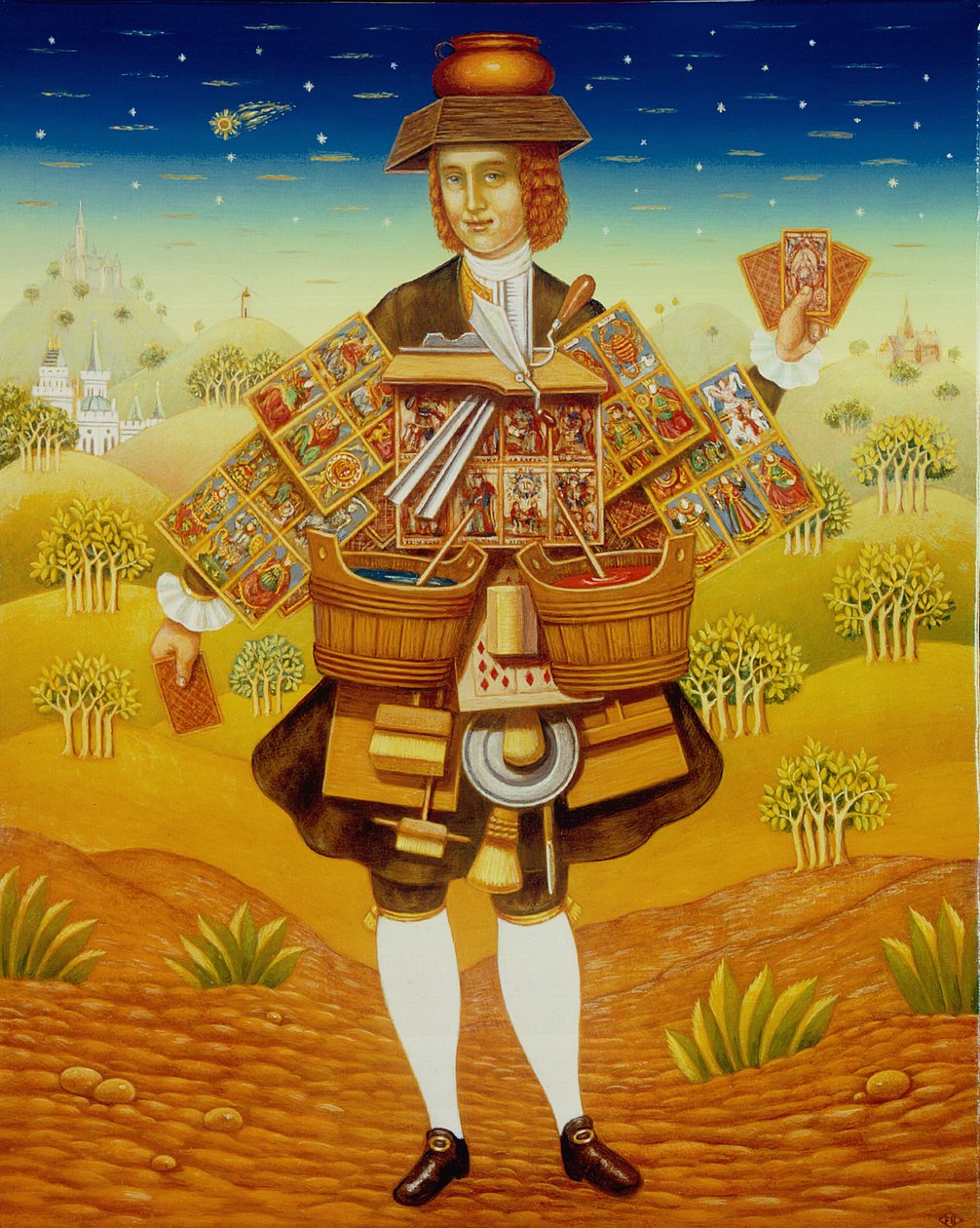 Kortin myyjä, 2003 (öljy ja tempera paneelissa) tekijältä Frances Broomfield