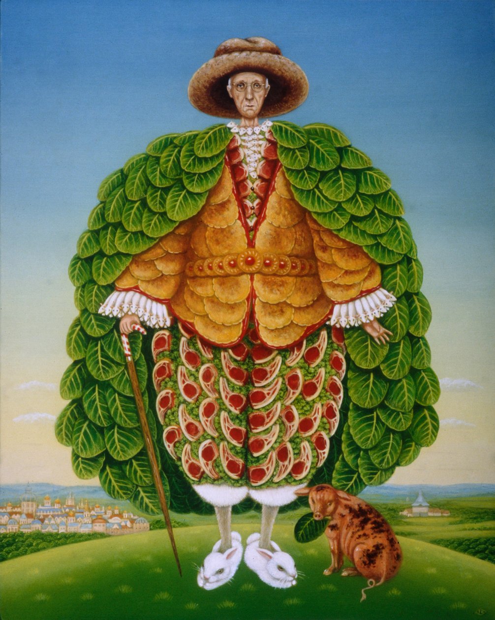 The New Vestments (Ivor Cutler hahmona Edward Learin runossa), 1994 (öljyt ja tempera paneelissa) tekijältä Frances Broomfield