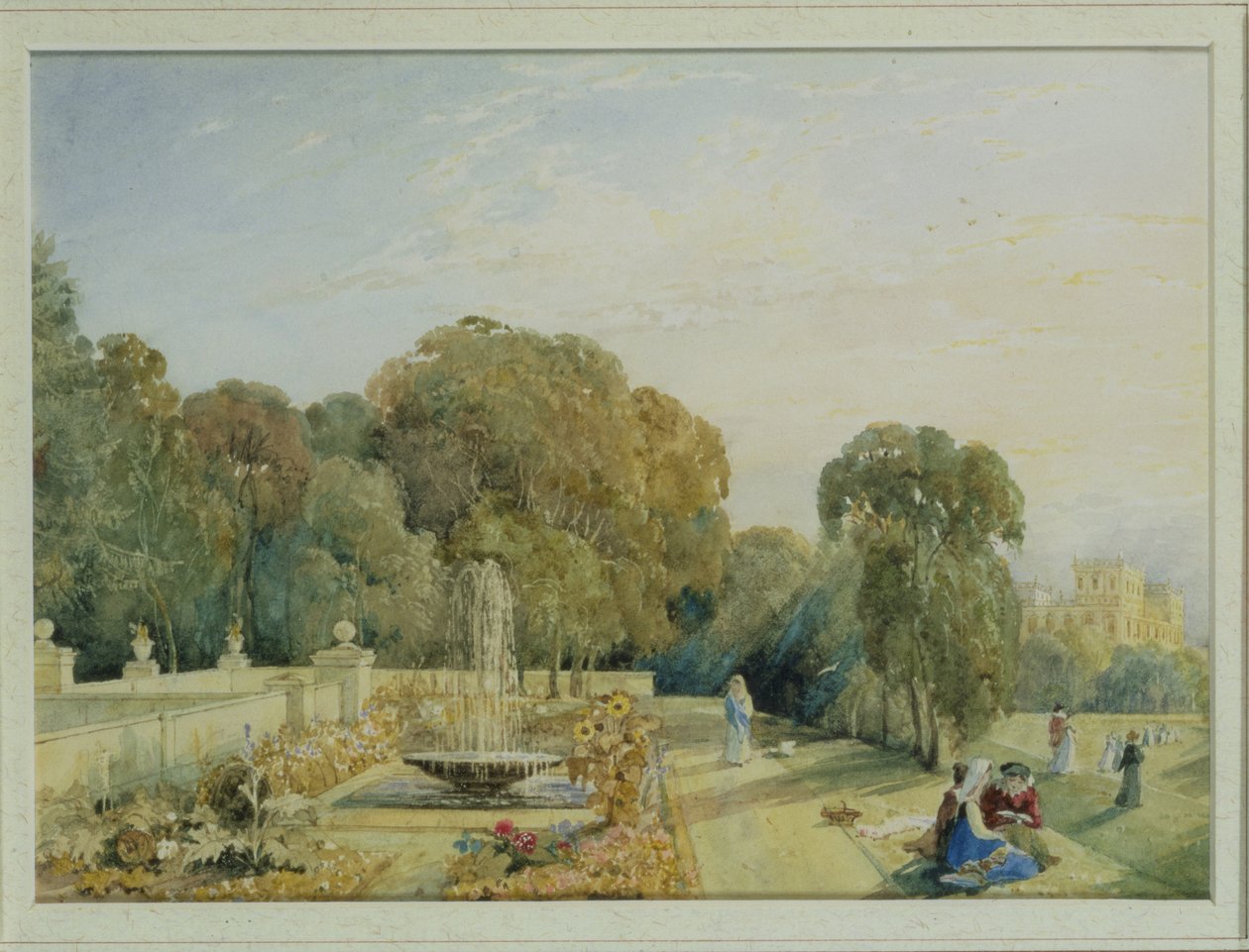 Näkymä puutarhaan Chatsworthissa, Derbyshiressä, n. 1820 (85760 pari) tekijältä Frances Elizabeth Swinburne