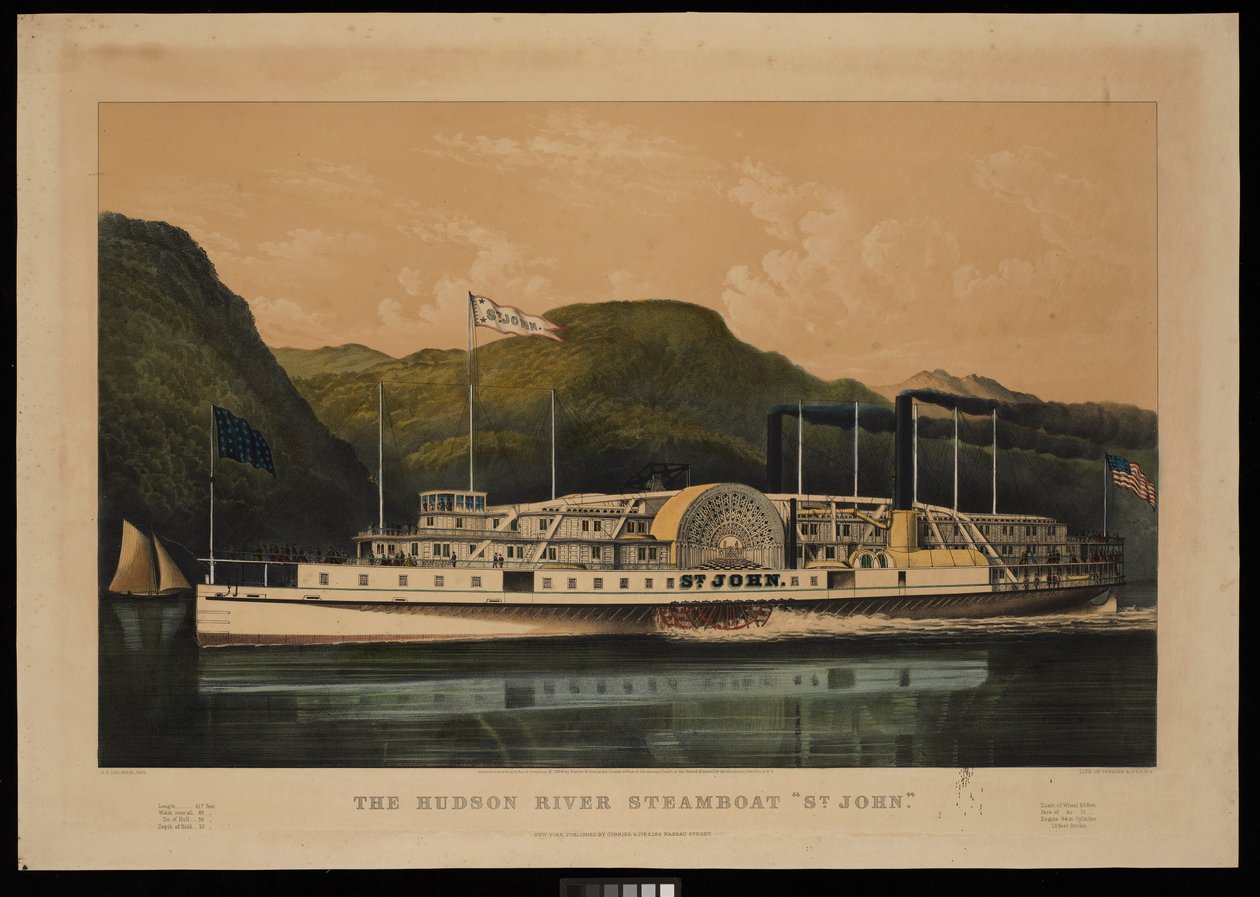 Hudson-joen höyrylaiva St John (litografia, värillinen) tekijältä Frances Flora Bond (c.1812 76) (after) Palmer