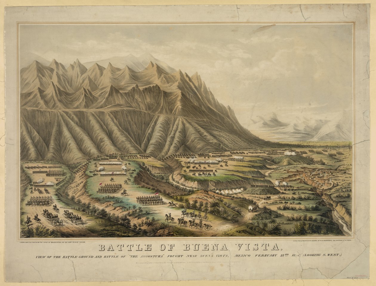 Valmistelut Buena Vistan taisteluun, joka tunnetaan myös Angosturan taisteluna, kenraali Zachary Taylorin ja kenraali Antonio Lopez de Santa Annan joukkojen välillä, 23. helmikuuta tekijältä Frances Flora Bond (c.1812 76) Palmer