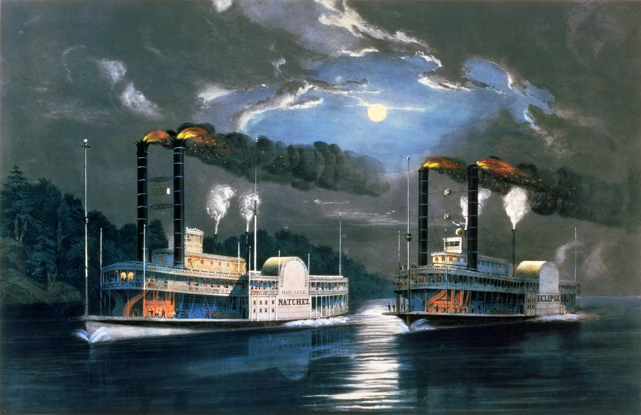 Midnight Race Mississippillä H.D.:n piirustuksen jälkeen Manning, pubi. Currier ja Ives, New York, 1860 tekijältä Frances Flora Bond Palmer