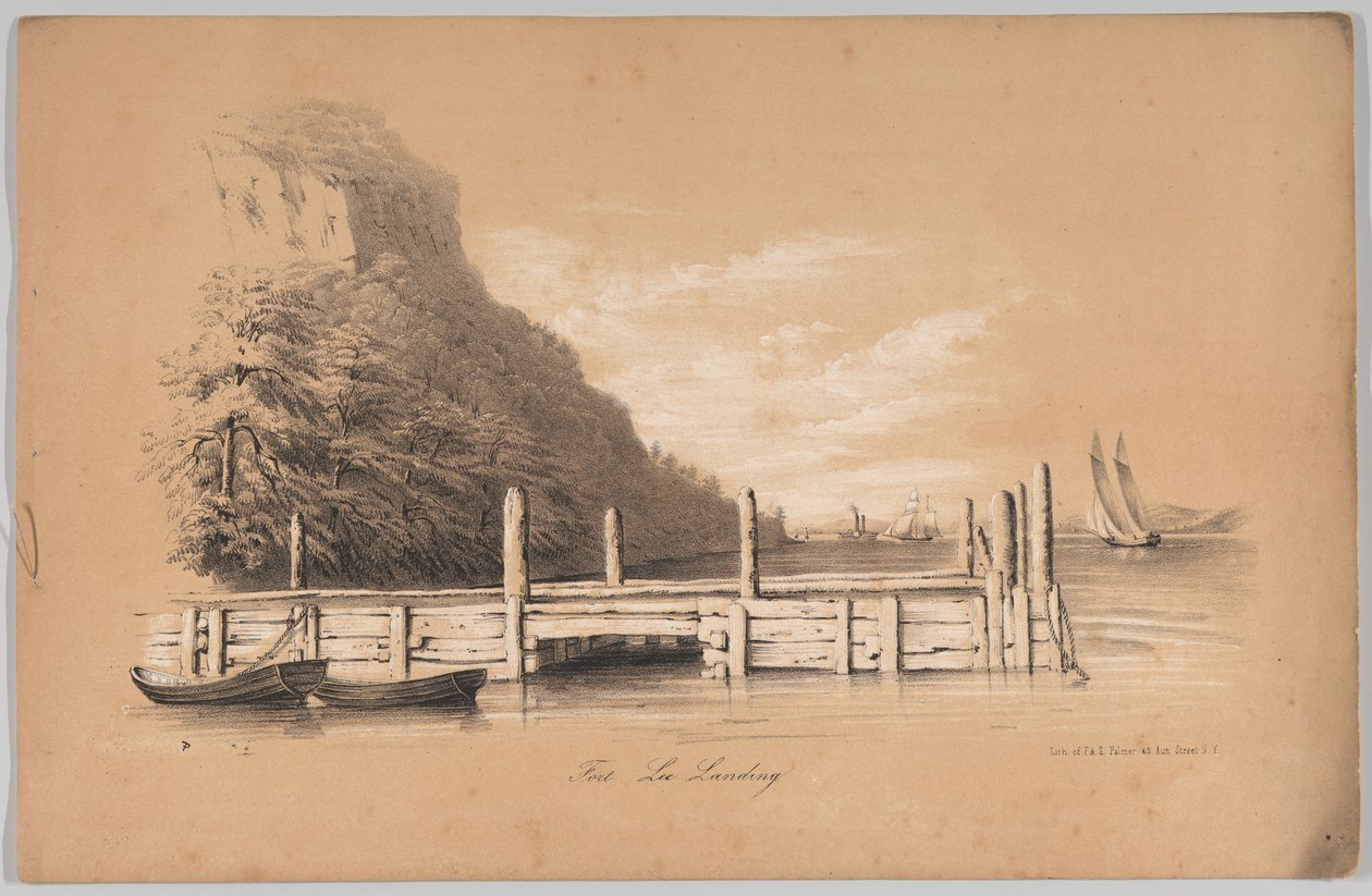 Fort Lee Landing, julkaisussa: The New York Drawing Book, Containing a Series of Original Designs a..., 1847. tekijältä Frances Flora Bond Palmer