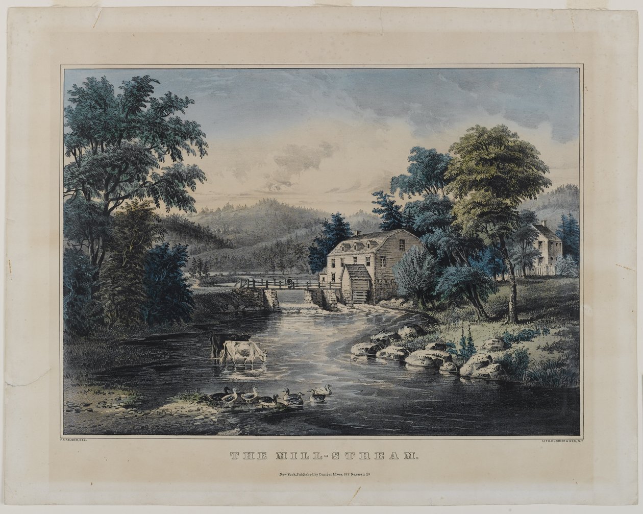 The Mill-Stream, julkaisija Currier & Ives, New York (käsinvärinen litho) tekijältä Frances Flora Bond Palmer