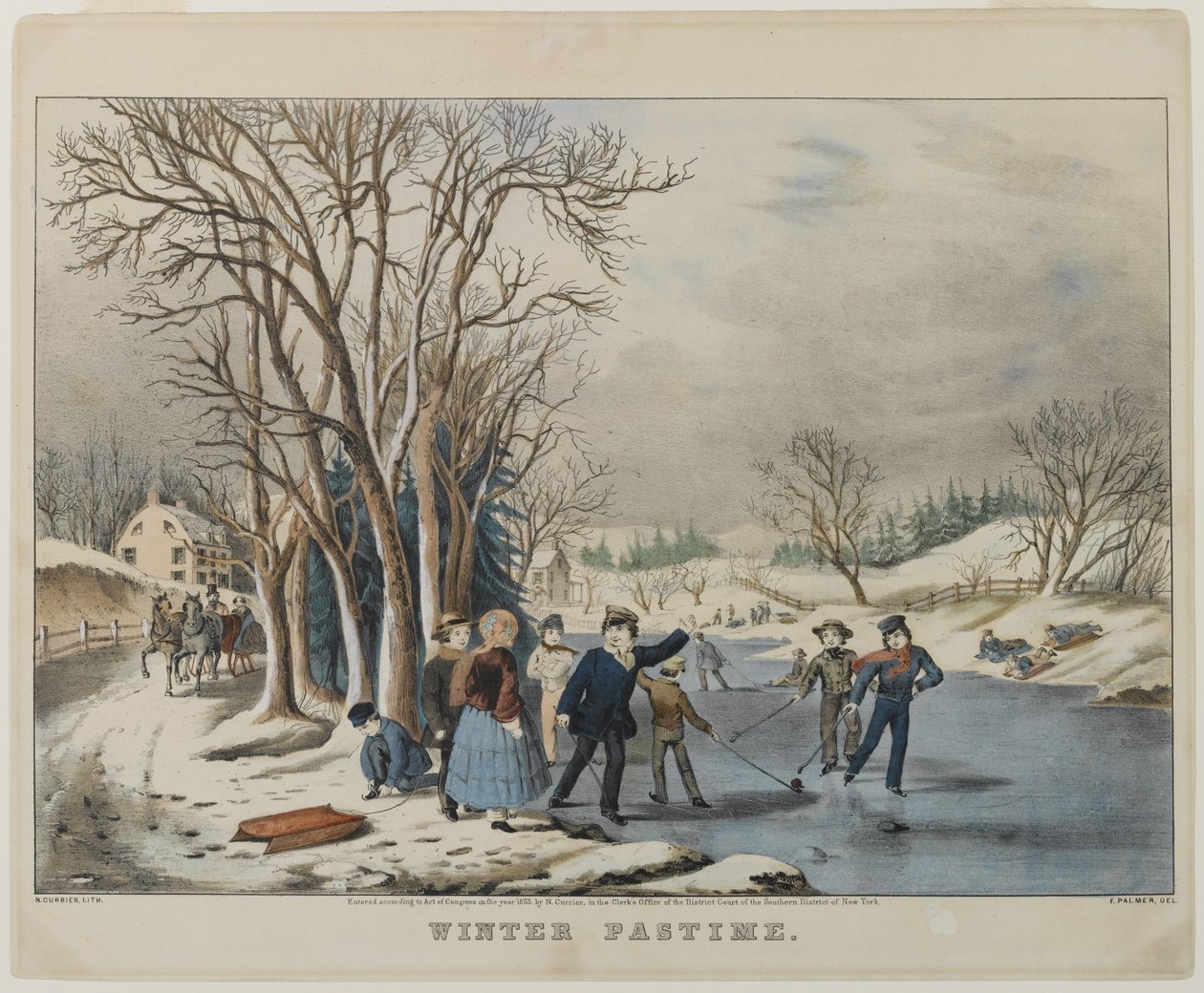 Talviharrastus, kaiverrus Nathanial Currier (1813-88), 1855 (käsinvärinen litho) tekijältä Frances Flora Bond Palmer