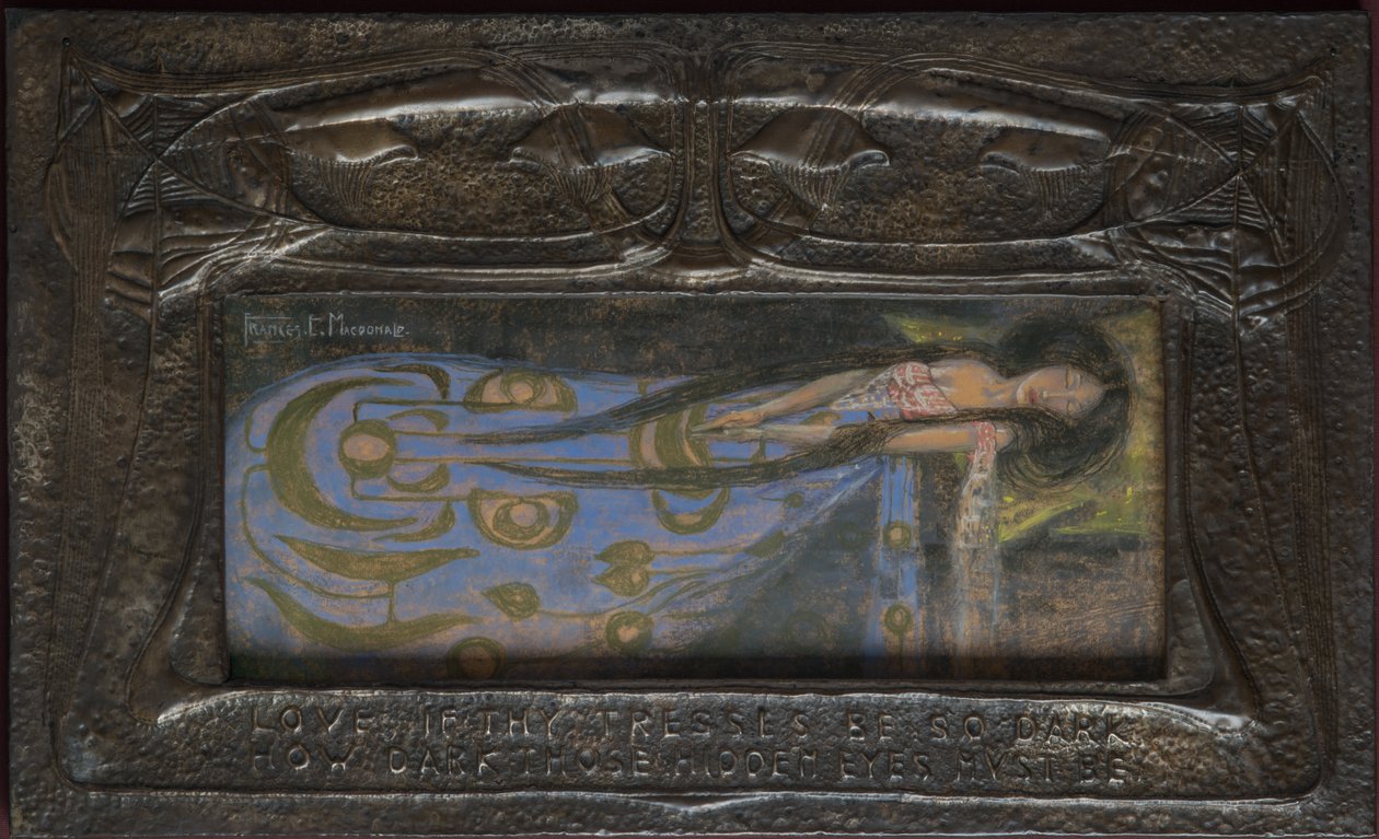 Rakasta, jos puusi ovat niin tummia, kuinka tummia niiden piilosilmien täytyy olla, noin 1896 (beaten metalli) tekijältä Frances Macdonald