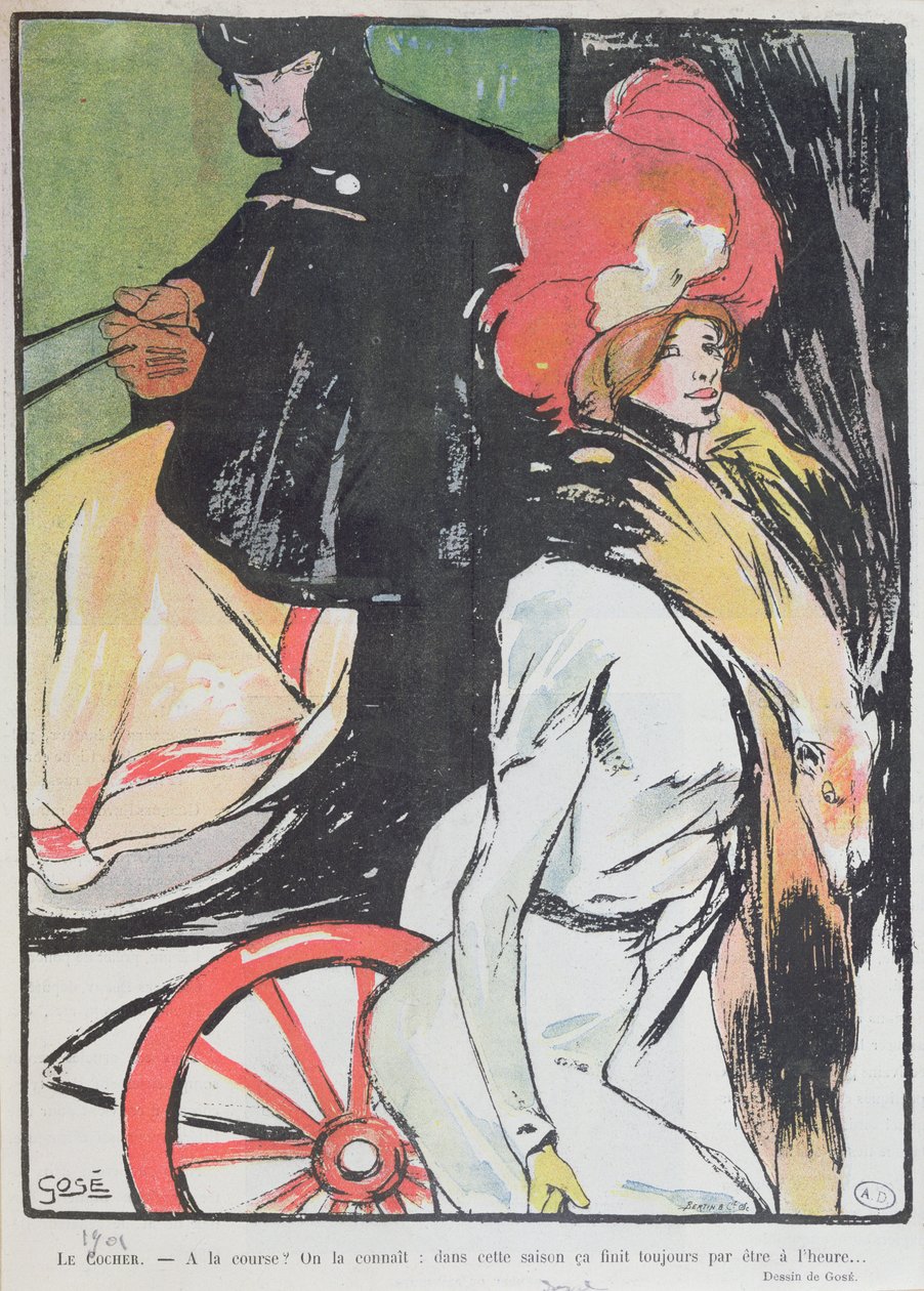 Sarjakuva, joka kuvaa taksimiestä kurtisaanin kanssa, 1901 tekijältä Francesc Xavier Gosé