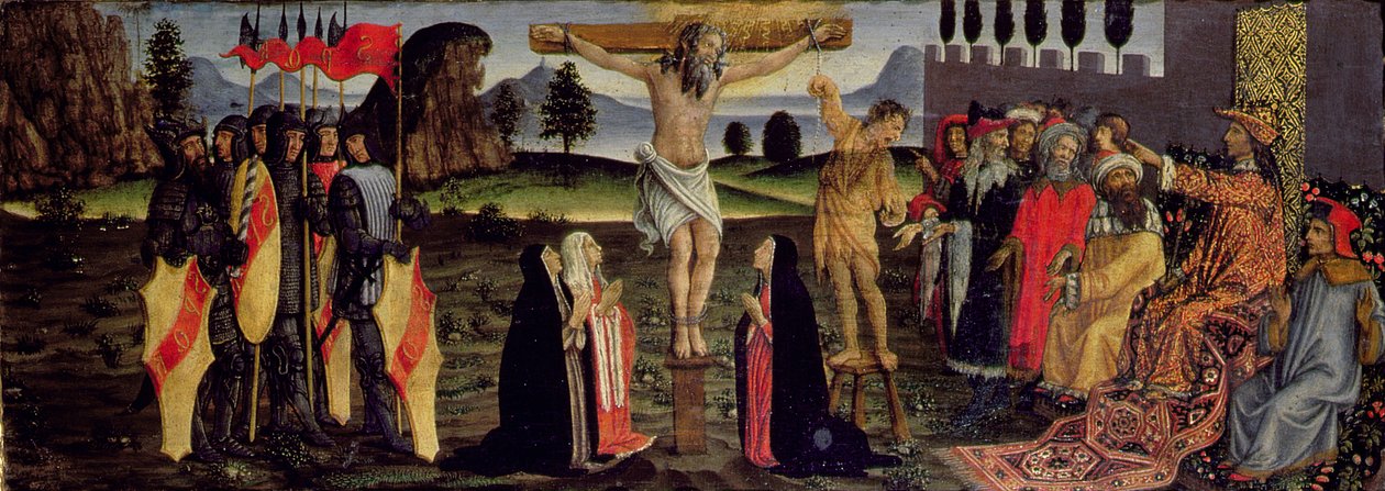 Ristiinnaulitseminen, predella-paneeli Sakramenttien tabernaakkelista, n. 1484-6 (tempera paneelissa) (yksityiskohta numerosta 94757) tekijältä Francesco Botticini