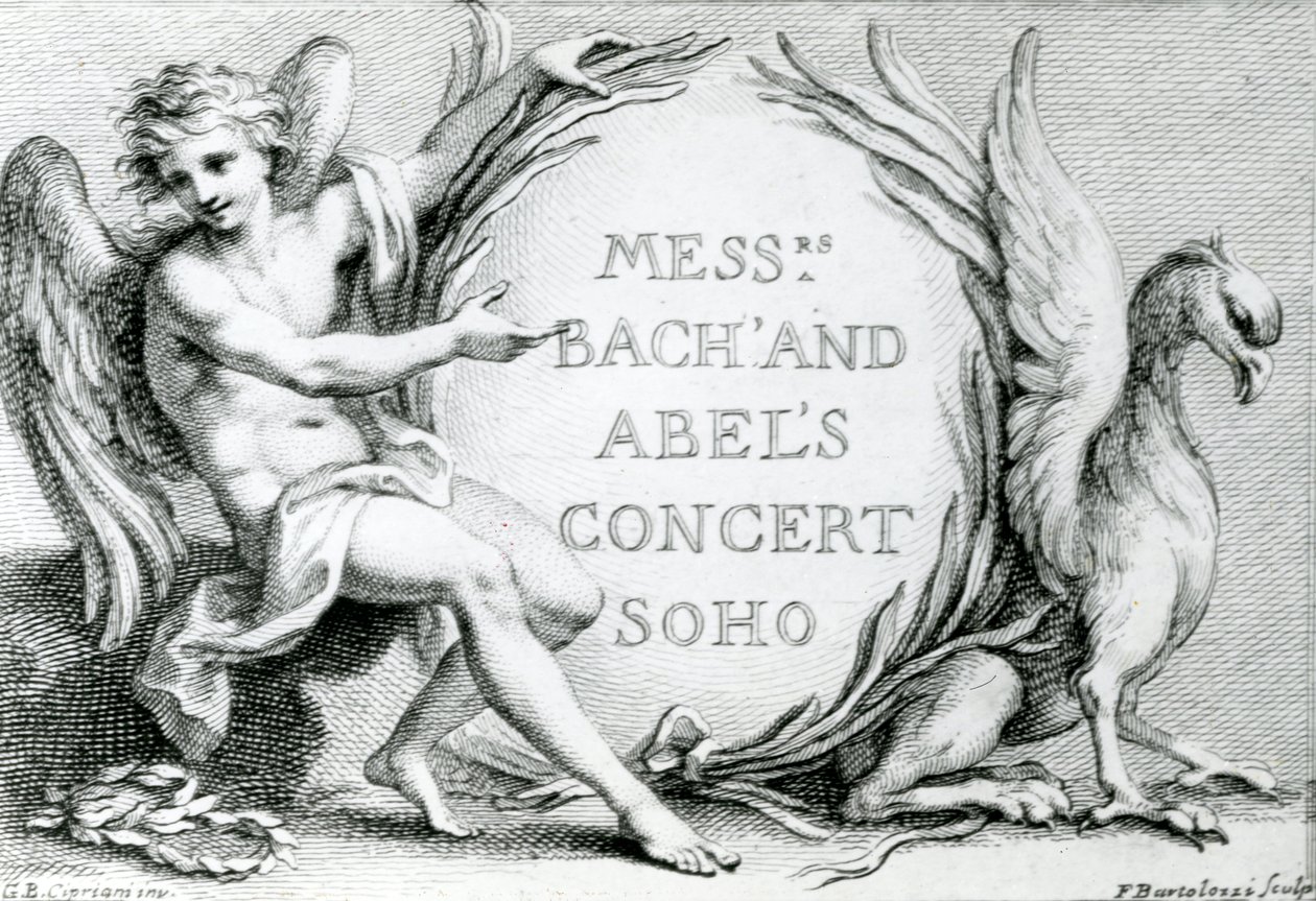 Bachin ja Abelin konsertti Soho, 1870 (kaiverrus) tekijältä Francesco Bartolozzi