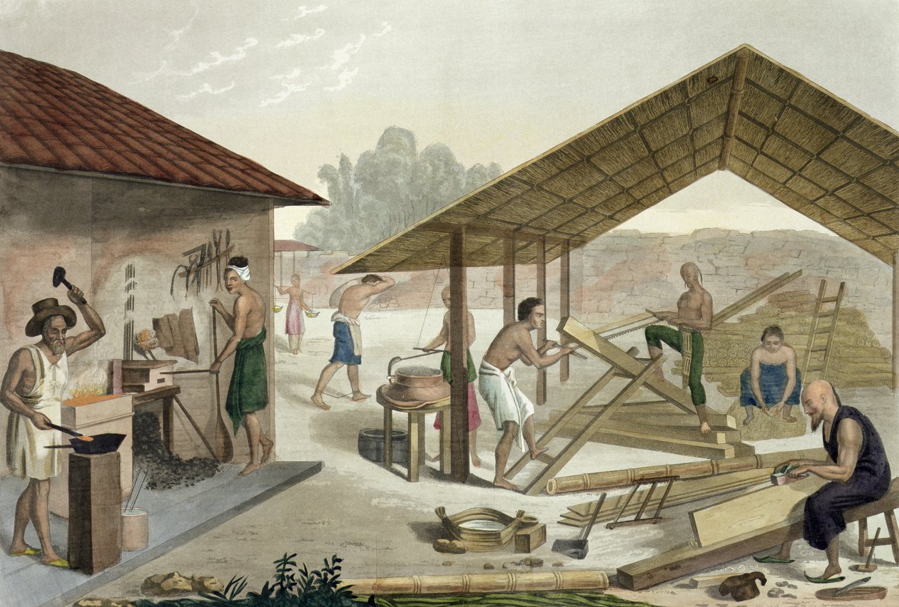 Puusepäntyöpaja Kupangissa, Timorissa, Jules Ferrarion Le Costume Ancien et Modernin levy 6, julkaistu noin 1820-30-luvulla tekijältä Francesco Citterio